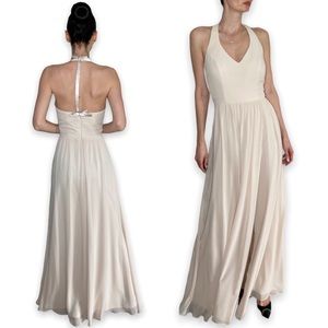 Bill Levkoff Ivory Cream Beige Maxi V neck Dress with Slit , size 8